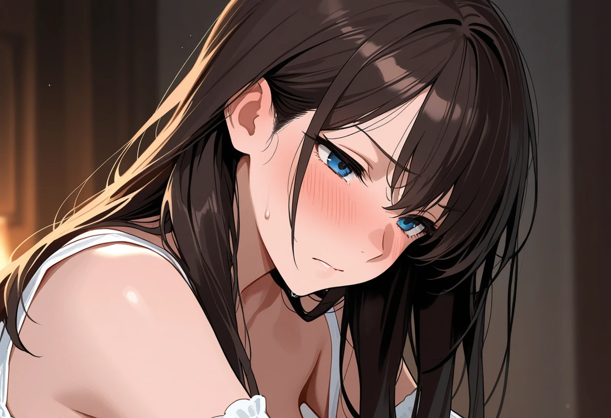 ((highest quality)), ((masterpiece)), (detailed), Perfect Face、((Yuuki Asuna))、Brown Hair、((A black man and a woman have sex and the black man inserts his dick into the woman's pussy and cums inside))、((Black men and women get naked))、((Black man with erect penis and balls))、On the bed in the bedroom、((Black man with dark skin))