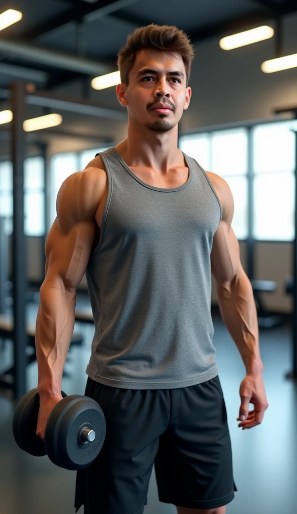 high quality, masterpiece, absurdres, 1boy, male focus, <lora:jordan_torres_young:0.8> jordan_torres, black tank top, gym, interior