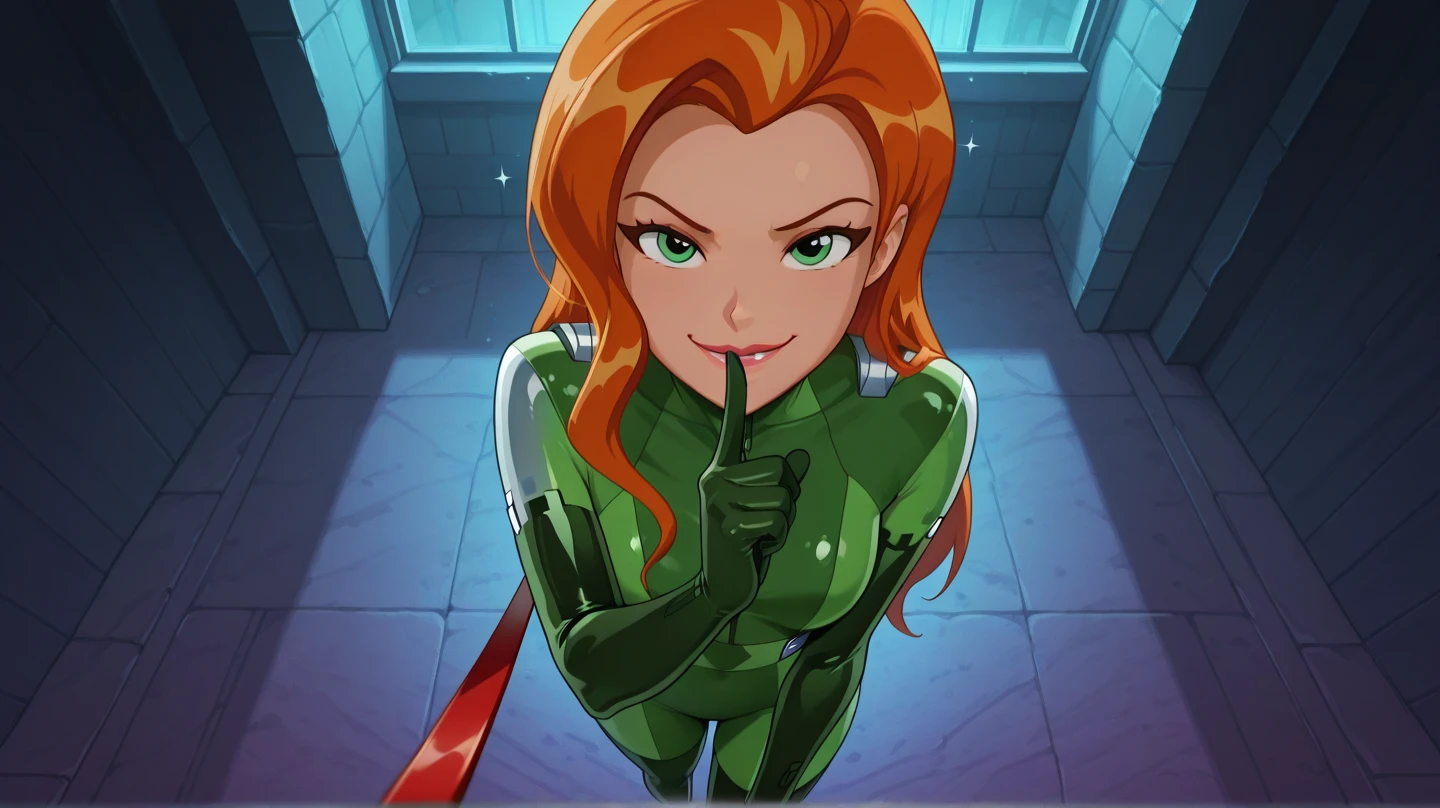 Sam, totally spies, kneeling, from above, penis on cheek, orange hair, green eyes, blushing, looking at viewer