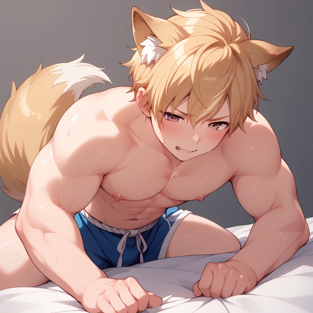 1 cute male, Cat's ears, cat tail, looking at the camera, smiling, hair blonde, blue eye, wearing no shirt, white Athletic Belt, lying in the bed, japanese house , cute boy, , wearing no shirt, black neck necklace, Athletic Belt, bulge Calvin Klain Blue underwear, hands behind head, cute male, wearing no shirt, wolf's ears, wolf tail, Athletic Belt, , cute boy) hot body.