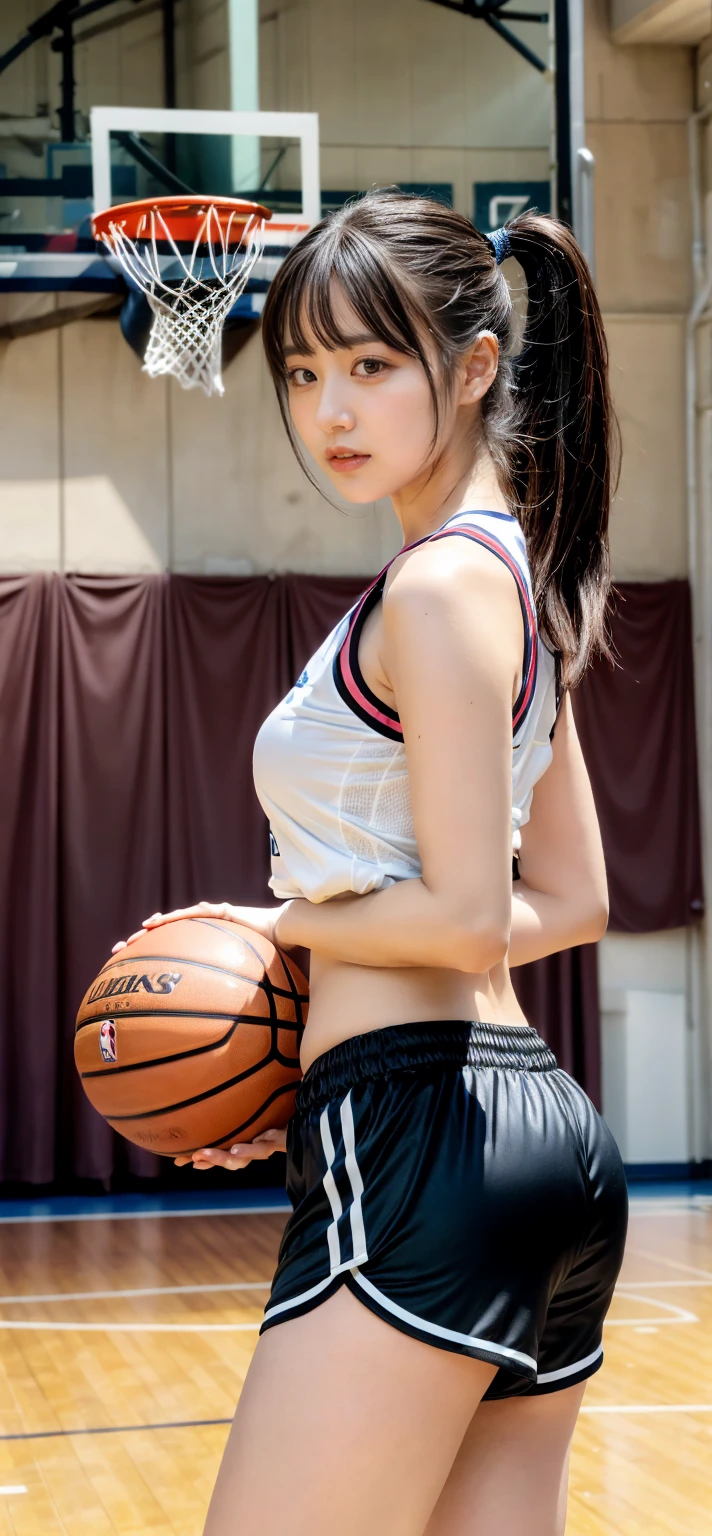 muster piece, best quality, illustration, Super detailed, fine details, High resolution, 8K,wall paper, perfect dynamic composition,(Details High quality, realistic depiction of eyes:1.3), (highest quality), (High resolution), (very delicate and beautiful),(Beautiful 8K face), (NBA),(basketball sportswear),(play basketball),(reality), large breasts, ((gymnasium)), short bob hair, black hair color, Big Natural Color Lip, bold sexy pose, crying a little、cold gaze, Harajuku style、20 year old girl、cute type、lolita, hposing Gravure Idol, full body photo、focus on crotch、thighs exposed