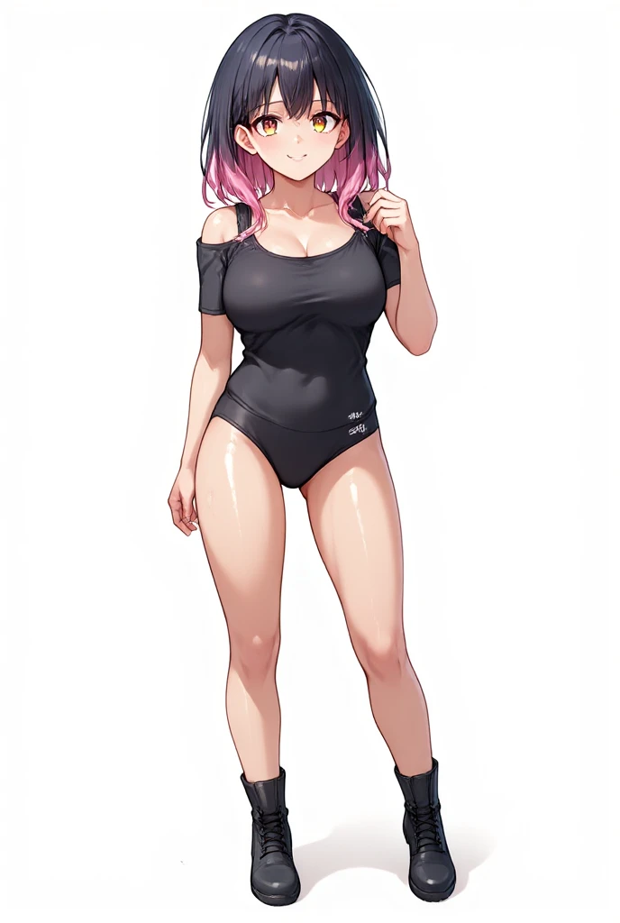 sexy pose, pink hair, (short bangs hair:1.36), detailed brown eyes, narrow waist, depth of field, 1girl, (on a   background:1.3), (full body), big breasts, wide hips, ((thigh cutout)), (((dark skin))), oily skin,