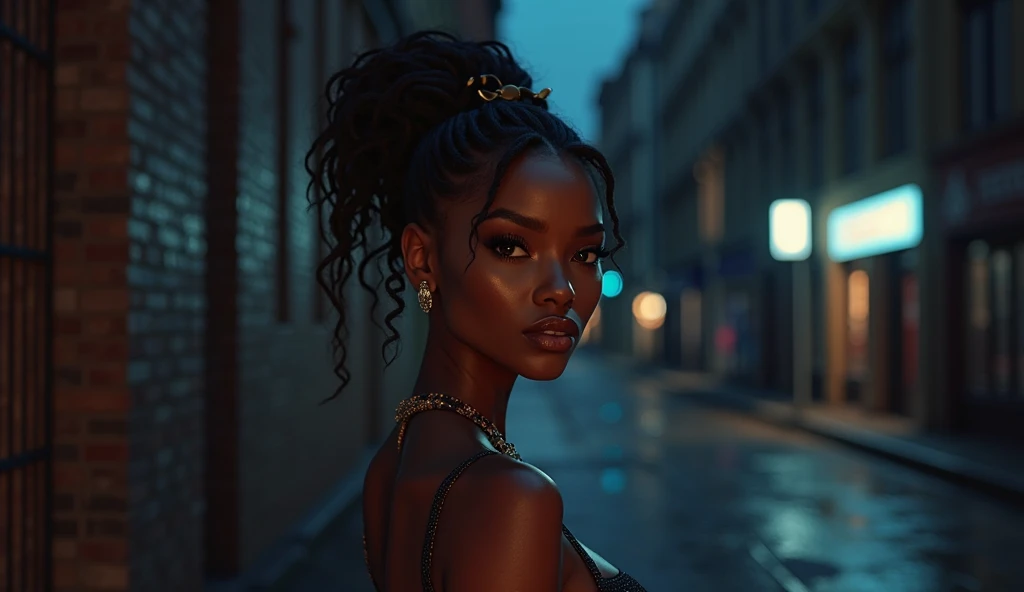 a stunning, highly detailed illustration of a 23-year-old African female with dark, smooth skin, high cheekbones, full lips, and almond-shaped brown eyes that seem to hold a deep intensity. Her long, curly hair is intricately braided, with a few loose strands framing her heart-shaped face. She wears a short, sleeveless dress that clings to her slender, toned body, its saturated fabric glistening with rainwater. Standing under the soft, golden glow of a flickering street lamp, her arms are crossed, conveying a sense of nervous determination. The setting is a rainy night in Addis Ababa, where puddles of water reflect the vibrant, neon lights of the city, casting a colorful glow on the wet pavement. The dim, moody lighting accentuates her facial features, capturing the somber atmosphere and vulnerability etched on her face. Every detail, from the delicate braids to the raindrops on her skin, is rendered in ultra-high resolution, inviting the viewer to step into the moody, cinematic scene.