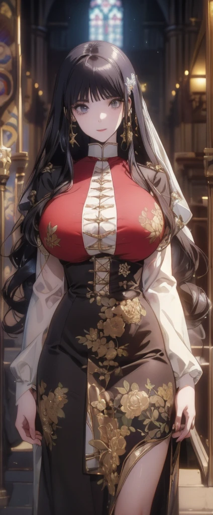 masterpiece, best quality, finely detailed, maximalist, 4K, 8K, high resolution, extremely delicate and beautiful, black-haired chubby beauty, aged 20, adorned in a captivating black and red long-sleeved ball gown, her face adorned with strong pink makeup, gorgeous dark-blue eyes accentuated with intricate details, her lips, too, delicately rendered in detail, striking a suggestive pose, flashing an evil smile, her hair cascading down to her waist in a long, black ponytail, with a light and transparent veil filling the scene with charm