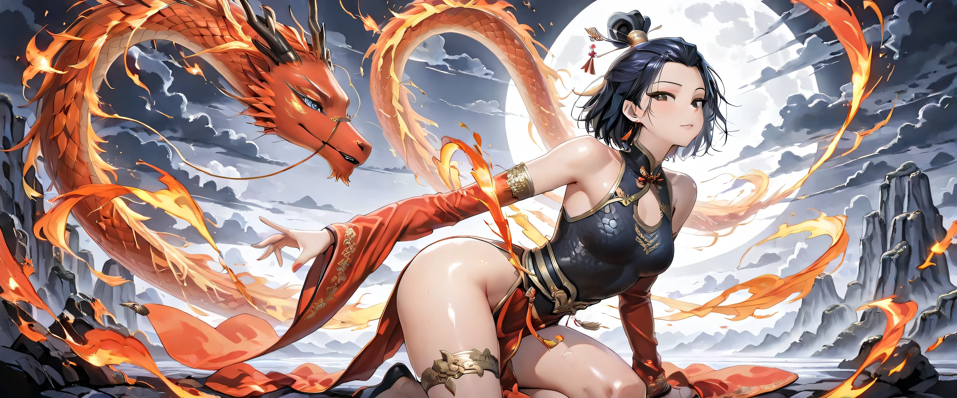 (masterpiece, best quality, ultra detailed, 4K, Chinese mythological fantasy style), A mature, seductive, and powerful female warrior inspired by ancient Chinese mythology, around 16-18 years old. Her presence is both fierce and irresistible, with a sultry expression and an aura of dangerous allure. Her eyes burn with fiery intensity, exuding both power and mystery. She wears luxurious, form-fitting Chinese armor, made of black and gold, with intricate details that highlight her curvaceous silhouette. The armor is ornate, with delicate golden dragon patterns on the shoulders and chest, but designed to be revealing, showing more of her graceful, toned body. The flowing red silk sleeves flutter around her arms, exposing her bare, flawless skin beneath, adding to her seductive charm. medium chest, Her short hair, styled in a traditional elegant topknot with ribbons, cascades down her back in silky waves, framing her face and accentuating her beauty. She grips a blazing spear in one hand, while her other hand controls a magical red cloth (Huntian Ling) that swirls around her like an ethereal flame, wrapping around her figure in a spiral of fiery energy. The cloth dances like a fiery serpent, creating an illusion of a dragon wrapping around her body, adding a sense of sensual yet dangerous movement. She stands confidently on cracked, scorched earth, her posture seductive yet commanding. Her body is poised as though she is about to unleash a devastating strike, one leg slightly bent, hips tilted in a way that accentuates her feminine grace. The background is filled with ancient Chinese elements, like dark clouds, misty mountains, and swirling fire, creating a mythical and dramatic atmosphere. The scene blends both beauty and strength, combining sensuality with the raw power of a legendary warrior.