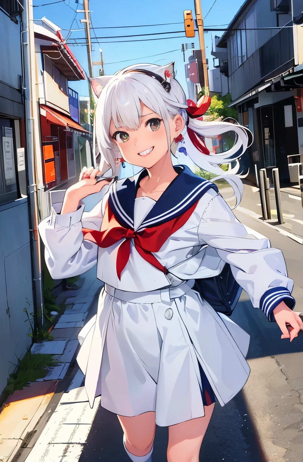 1 girl, Japanese high school girl, ((uniform, sailor suit)), (Walking the streets of Shibuya), (white cat ear headband with earrings),((smiles))masterpiece, Highest Quality, Highest Quality, Movie Lighting, ( Stereo lighting ), extremely detailed CG unity 8kの壁紙, Concentrated, extremely detailed, is overexpressed , Photorealistic, sharp concentration in nude clothes,  absurd, (high resolution:1.2), (high contrast), photo volume unblock, Detailed and Complicated, Instagram, Portrait, Very Detailed, digital painting, Art Station, concept art with a bit of rock,  smooth, sharp concentration in nude clothes, Illustrations, Movie Lighting, Staring at Viewers, (standing), ((Hipshot:1.6))