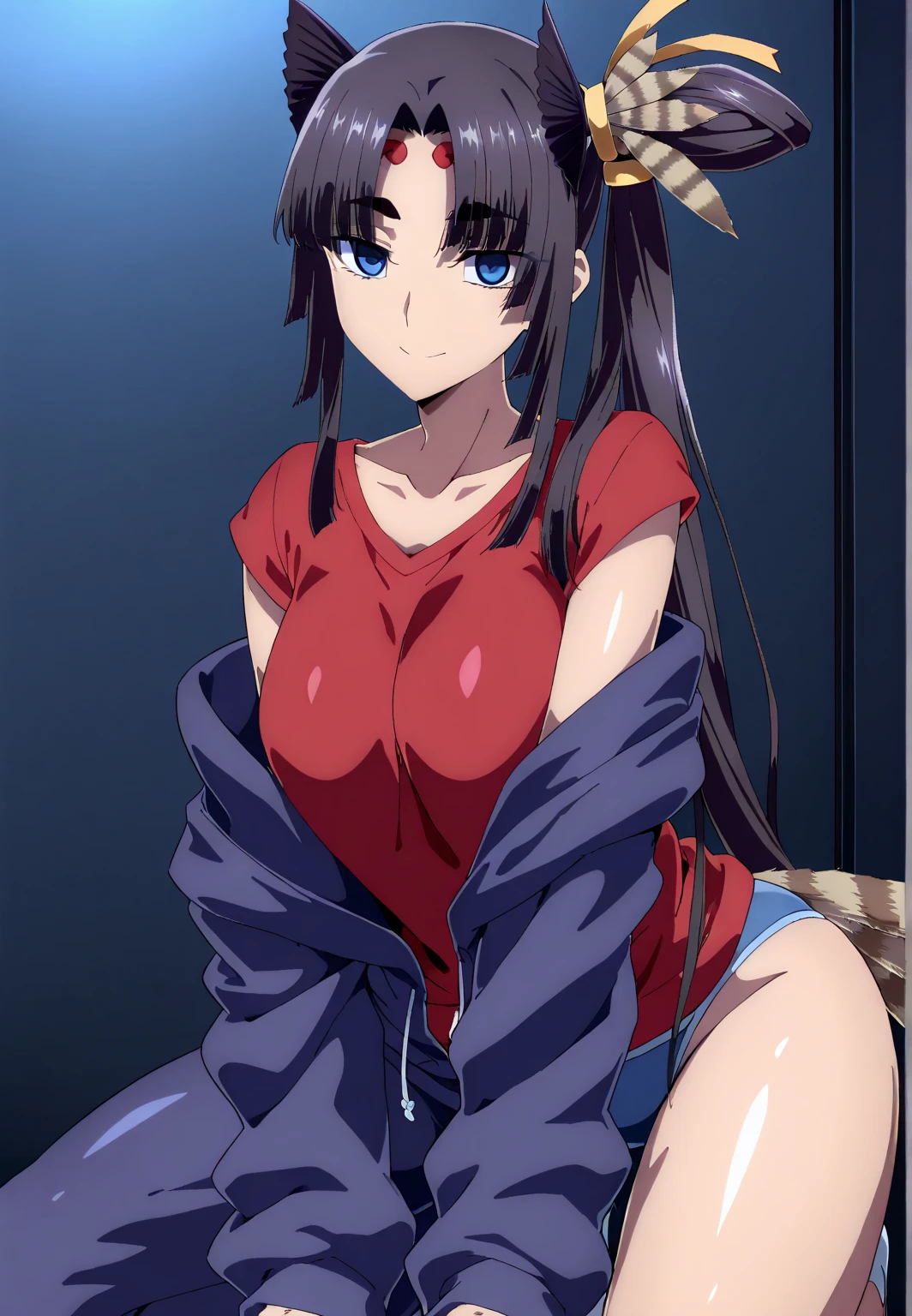 1girl, long hair, breasts, looking at viewer, blush, bangs, large breasts, black hair, navel, animal ears, cleavage, bare shoulders, medium breasts, closed mouth, standing, collarbone, tail, yellow eyes, thighs, shorts, solo focus, midriff, cat ears, collar, cat tail, animal ear fluff, bare arms, short shorts, thigh gap, cat girl, neck bell, camisole, strokes the head, red shorts, red collar, belt collar