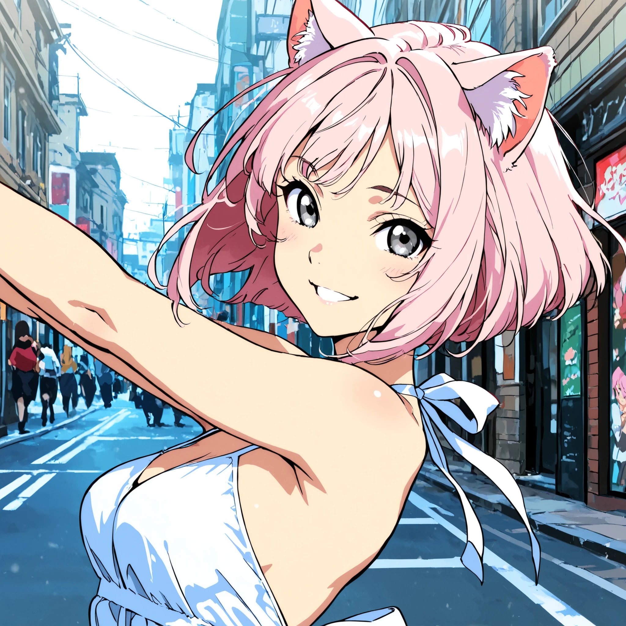 dynamic pose, half body, half profile, masterpiece, high quality, pale pink hair girl, bob tidy hair, pale pink cat ears, bluish gray eyes, anime style, adult face, cute, smiling, street background, dress