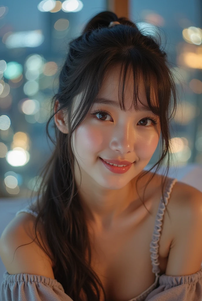 ulzzang -6500-v1.1, (Raw photo:1.2), (Photorealsitic), Beautiful detailed, (Real: 1.4), extremely detailed eye and face, beatiful detailed eyes, ((A very beautiful illumination square at night:1.5)), (( midwinter sweater:1.3, Ultra-realistic pantyhose:1.2))、selfee、Instagram、game_nffsw, huge filesize, hight resolution, ighly detailed, top-quality, [​masterpiece:1.6], illustratio, ighly detailed, nffsw, finely detail, top-quality, 8k wallpaper, Cinematographic lighting,1 girl, 17 years old, perfect body type, cute droopy eyes beautiful big eyes、Pieckfinger, ((masutepiece)), Best Quality, 1 milf, eye shadow,  ((FULL BODYSHOT:1.4))、(Very affectionate smile:1.2)、realistic skin textures、shinny skin、Exposed thighs!!!