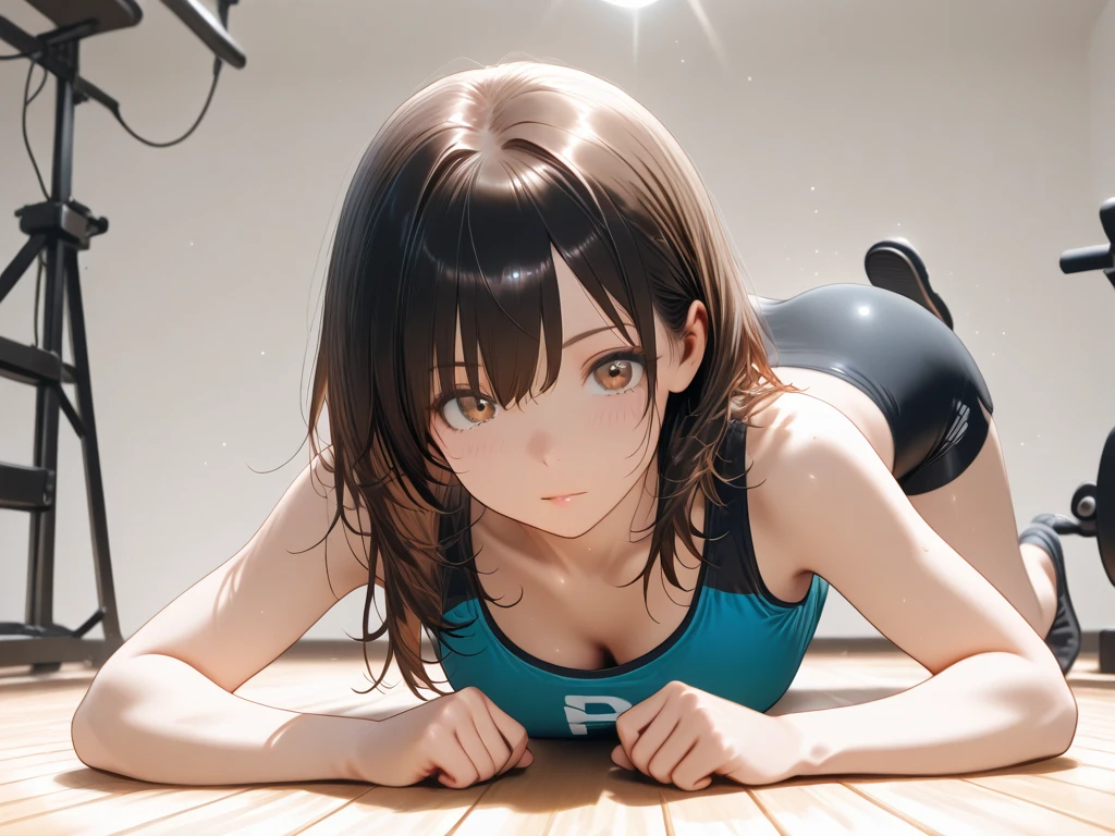 (score_9,score_8_up,score_7_up),epic-Ultra-HD-details,epic-Ultra-HD-highlights,anime-upscaled-resolution,(realistic, photo-realistic:1.37),precise and realistic hair:1.1),beautiful detailed eyes,extremely detailed eyes and face,awardwinning,amazing details,super detail,best quality,1080P,8k,masterpiece,detailed skin, shadow, texture, light, (Front perspective:1.5), 1girl, Jack_o pose challenge, Jack o, bend over, Upper body lying on the ground, open legs, Lift your hips, looking into camera, (High-cut swimsuit:1.5), black hair, Black lipstick, Detailed eyes, Smile, shy face, Stretching before swimming, from below
