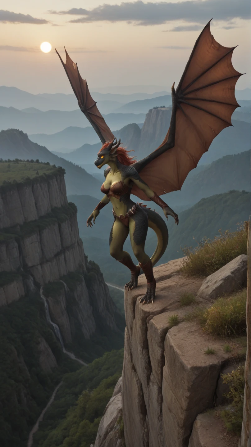 Anthropomorphic, furry, scaly, woman monster hybrid, dragon, serpent, wyvern, high cut leotard with black and gold colored lace, high leg leotard, muscular body, busty, long red hair, fierce, sexy, beautiful, hourglass body, thicc, sexy hips, black scales, long neck, reptile, horns, fins, tail coming out of the spine, spikes, strong, powerful, sharp teeth, saber fangs, loving, beastly, slit pupils, confident, monstrous, hair, claws, fit body, wings, sensual, loving wife, gold necklass, talon feet, regal looking, queen, primal, full wing span, standing, proud, lovely, majestic, goddess, no arms only wings, flying in the sky, in the mountains, alduin, curvy body, shapely body, 3DMM, dragonborn, long,