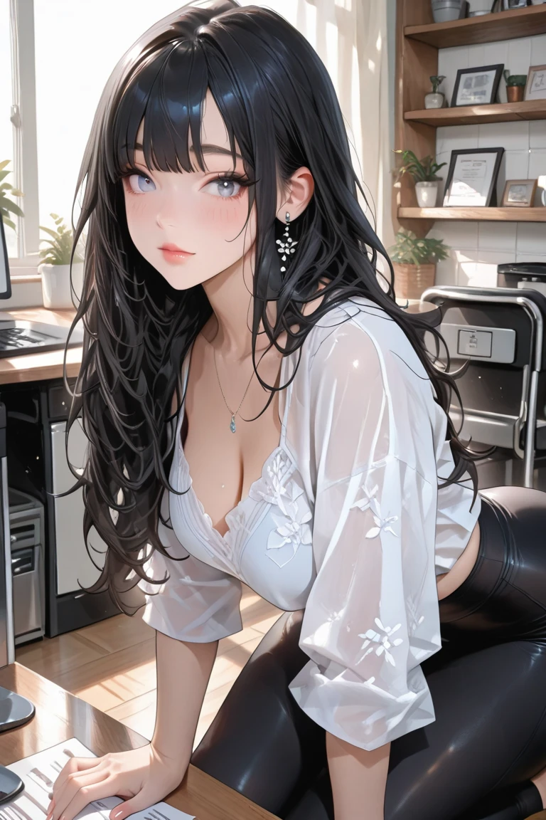 masterpiece, Highest Quality, amazing quality, newest, とても美的, cute、仰向けに寝て足の上にcute子猫を載せている、Woman doing sit-ups、expression of working hard、white light blouse with black leggings、 black hair straight long、high resolution、