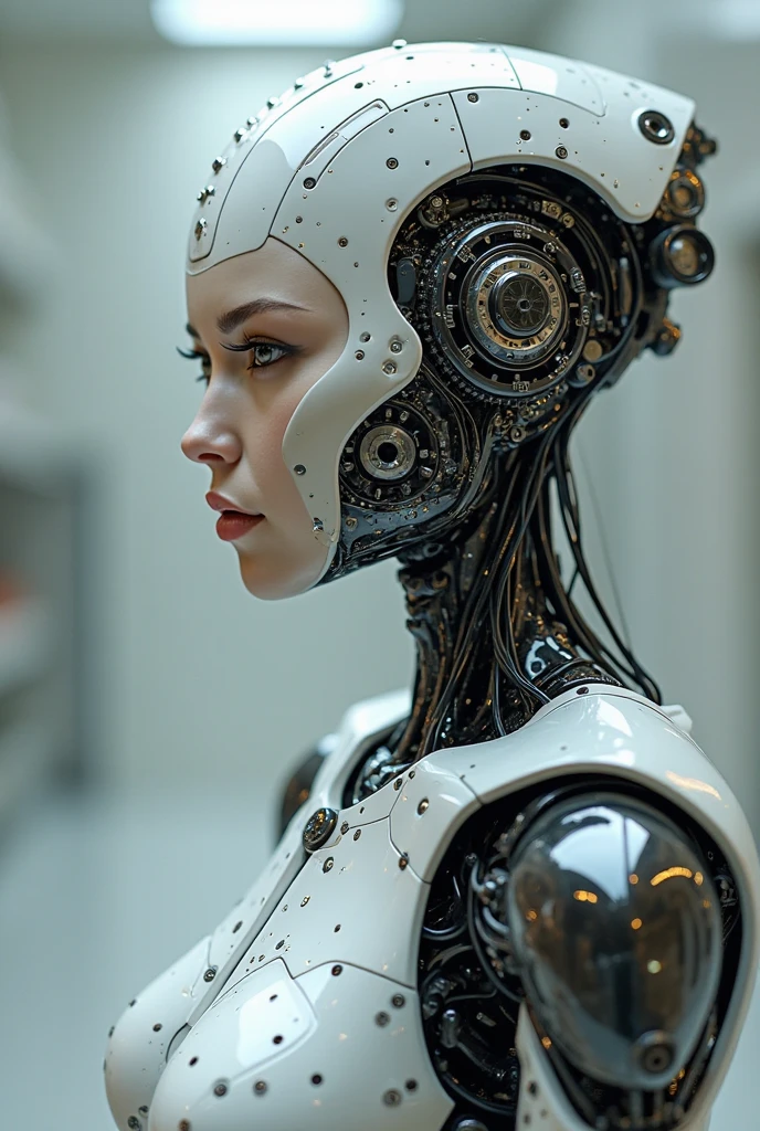 cybernetic robot Talented [Zulu|Cyberpunk] Female Curate, android, AI, machine, metal, wires, tech, futuristic, highly detailed, monochrome grayscale black and white b&w cool shadows warm highlights soft focus black and white classic sound stage vintage film grain scratches patina directed cinematography movie film classic