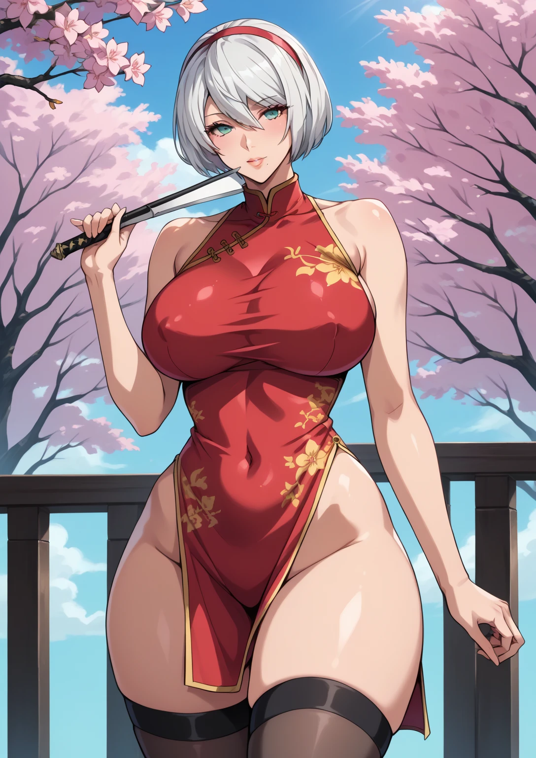 A woman with silver bob hair and blue eyes, wearing red china dress , gazing condescendingly at the viewer with a cute grinning expression, extremely detailed and realistic, masterpiece quality, ultra-detailed, HDR, studio lighting, vivid colors, physically-based rendering, thick muscular thighs, beautiful muscular thighs, school girl, attractive buttocks