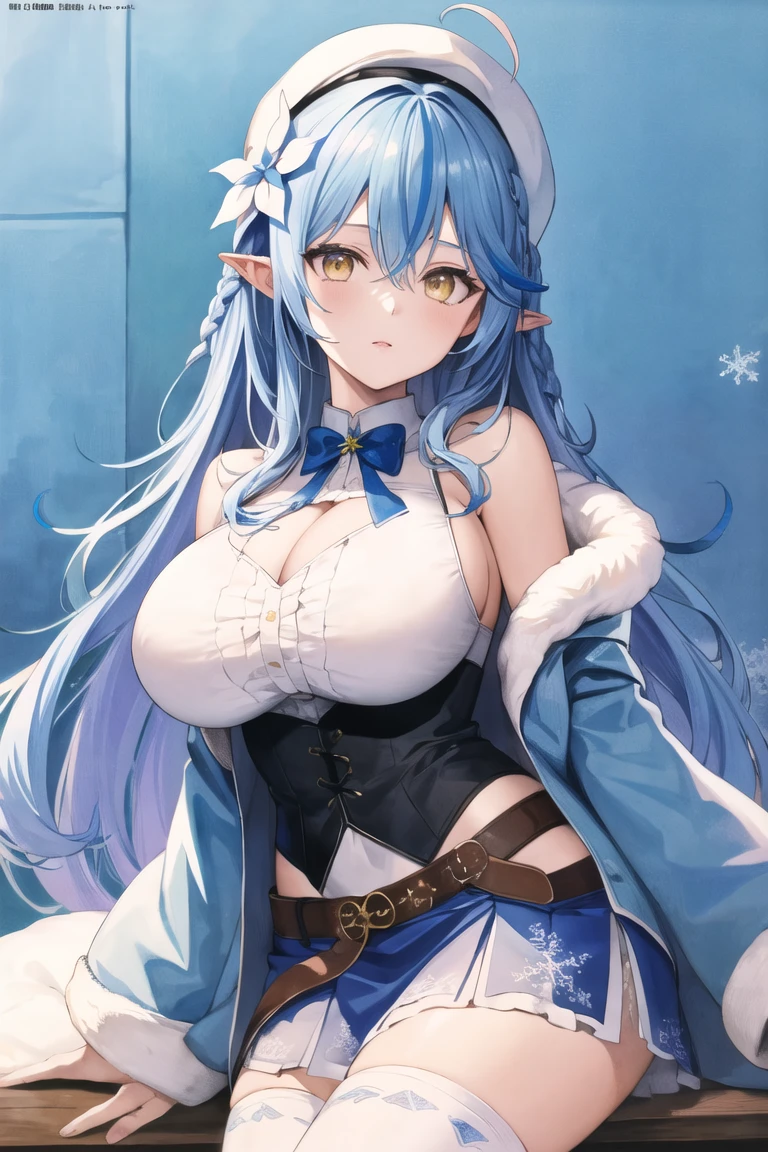 (Ultra-high resolution,masterpiece, Attention to detail, Highest quality), 8K,(aalamy, long hair, streaked hair, ahoge, braid, beret, white headwear, hair flower, blue bowtie, cleavage, clothing cutout, white shirt, off shoulder, sleeveless, black corset, blue coat, snowflake print, fur-trimmed coat, open clothes, white thighhighs, brown belt, blue skirt),(Blessed,Captivating body、Ultra-detailed skin、Super beautiful eyes、Detailed Background),One girl、 (breasts_on_Glass,breast press, against Glass, hands on Glass:1.5),window fog, embarrassed, (white background:1.7), (from front:1.3),(perfect hands), big breasts,nsfw