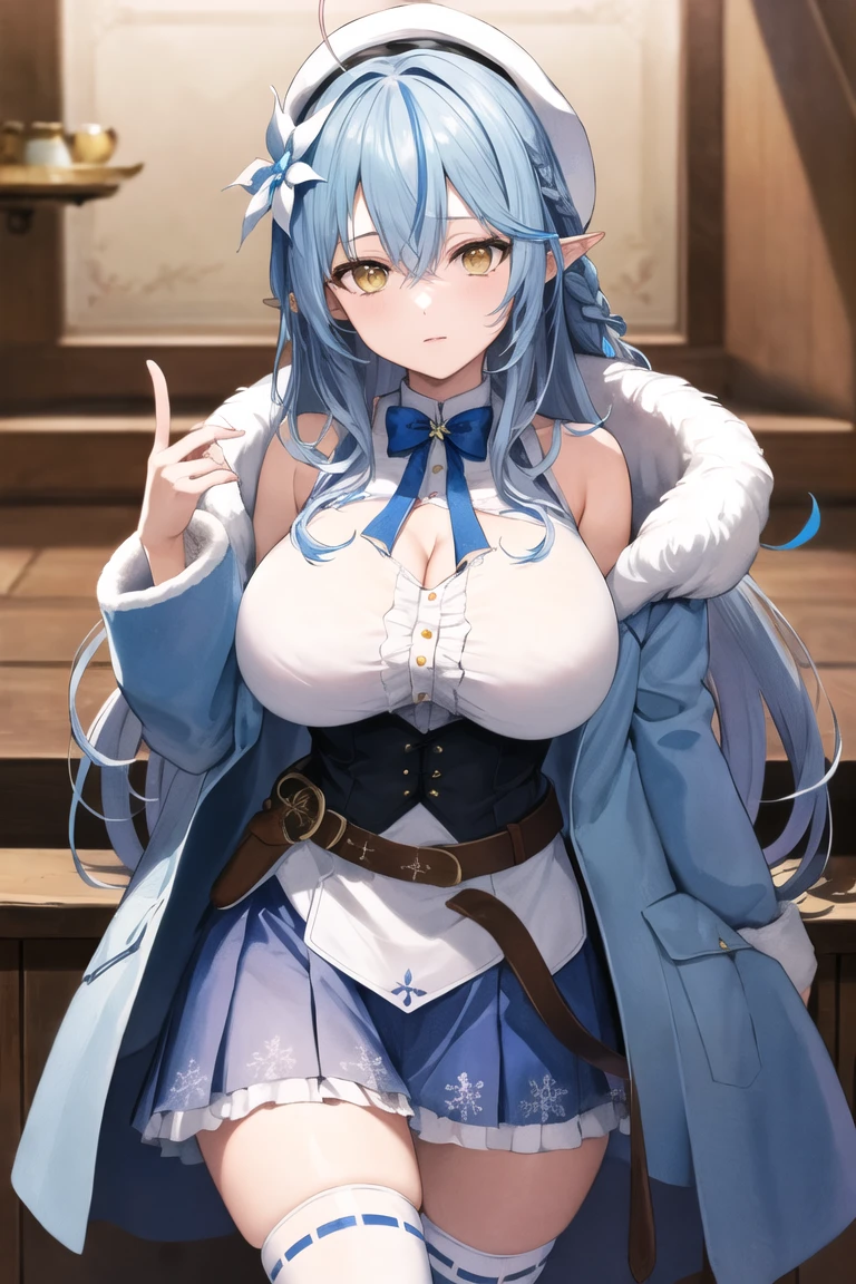 (Ultra-high resolution,masterpiece, Attention to detail, Highest quality), 8K,(aalamy, long hair, streaked hair, ahoge, braid, beret, white headwear, hair flower, blue bowtie, cleavage, clothing cutout, white shirt, off shoulder, sleeveless, black corset, blue coat, snowflake print, fur-trimmed coat, open clothes, white thighhighs, brown belt, blue skirt),(Blessed,Captivating body、Ultra-detailed skin、Super beautiful eyes、Detailed Background),One girl, (breasts_on_Glass,breast press, against Glass, hands on Glass:1.2),window fog, embarrassed, (white background:1.7), (from front:1.3),Perfect five-finger, huge breasts