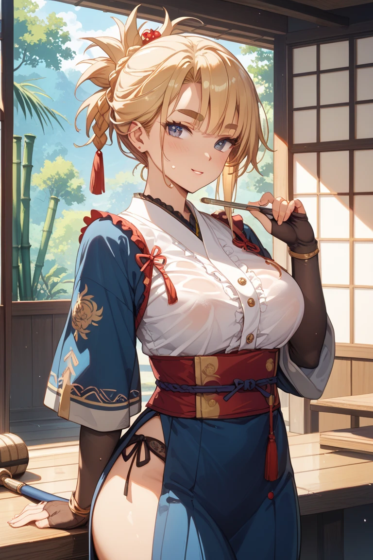 master piece, highest quality, High resolution, 1 girl, alone, hayasaka ai, blue scrunchie, side ponytail, hair between eyes, blue eyes, blonde hair, hair ornaments, chest,kimono,samurai cross,has a sword, necklace, clavicle, black dress, jewelry, sweater, cowboy shot, Are standing,