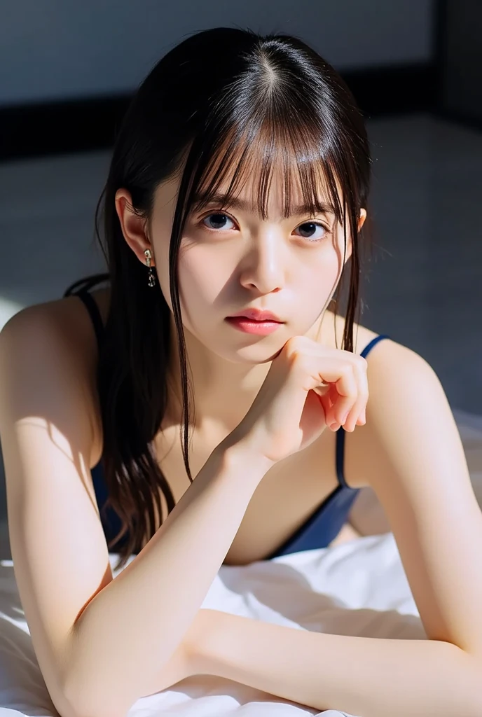 ((Extremely precise and accurate anatomy:1.0)), (photo Realistic:1.4), (hyper Realistic:1.4), (最高品質のRealisticな肌の質感:1.4), (Improvement of quality:1.4), (Enhances the beauty of skin texture:1.1), Clean and glowing skin, mesh, thin:1.2, (Realistic:1.3), Realisticなライティング, (Smoother lighting:1.05), (Improving the quality of cinema lighting:0.9), Backlight, A gentle light on your face, Ray Tracing, (Bright light:1.2), 32K, One Japanese woman, fine grain, Detailed face, (Film Grain:1.1),(Accentuates body lines:1.1), High resolution, Natural look, Kind eyes, Improves hair quality, Delicate light and shadow, Transparent muscles, Graceful pose, Beautiful Eyes, Sharp details, Soft light reflection, Beautiful contours, Delicate skin tone, Fine hair texture, Natural background, ,(((Downward))),((Spread your legs)),A loose-fitting camisole,barefoot,One Girl,Realistic,Bedroom、Looks sleepy