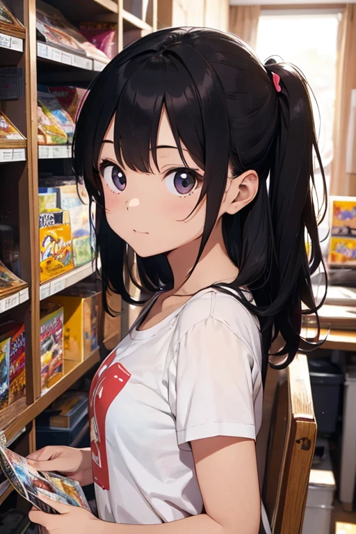 , (nsfw), ((beautiful)), ((masterpiece)), ((best quality)), (extremely detailed face), perfect lighting, highres, 8k, wallpaper, backlit, (absurdres), (ultra detailed, 8K, ultra highres:1.2), BREAK,(RED Ribbon on HAIRband:1.2),smile,navel,groin,denim shorts,loose clothes,shirt pull,shorts pull,A fashionable female ,dressed in a casual yet stylish outfit,browsed the racks of clothes at the department store. She hummed a tune to herself as she examined the various accessories and small items on display. Her outfit consisted of a pair of ripped denim shorts paired with a loose, camisole and a pair of sneakers. She accessorized with a small, silver bracelet on her wrist. As she shopped, the girl couldn't help but be drawn to the various colorful and glittering items in the store. She picked up a pair of cute, heart-shaped earrings and a matching necklace,admiring them in the bright, fluorescent lighting,Ichigo Hoshimiya (Aikatsu!),from below,squatting,groin_focus,Blonde_HAIR