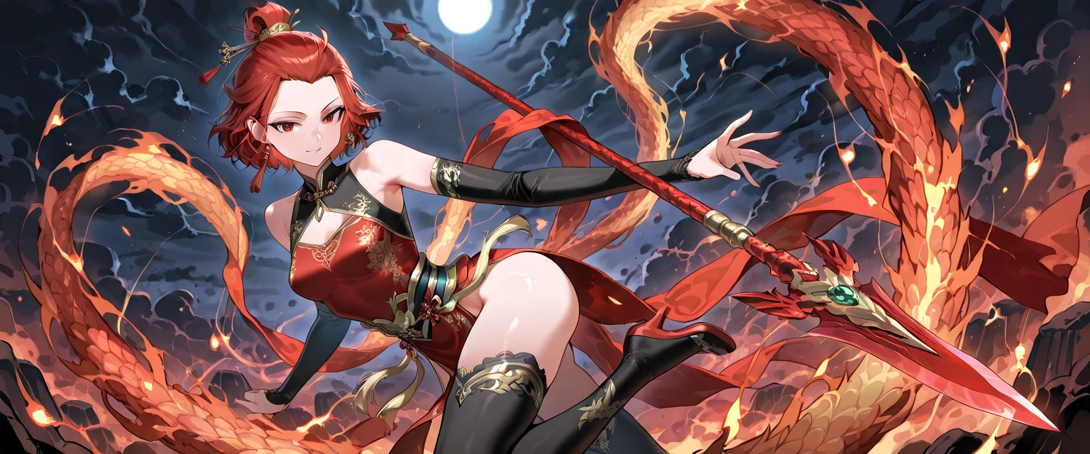 oriental dragon woman, red hair, strong, alone, ancient oriental clothes, japanese dragon,