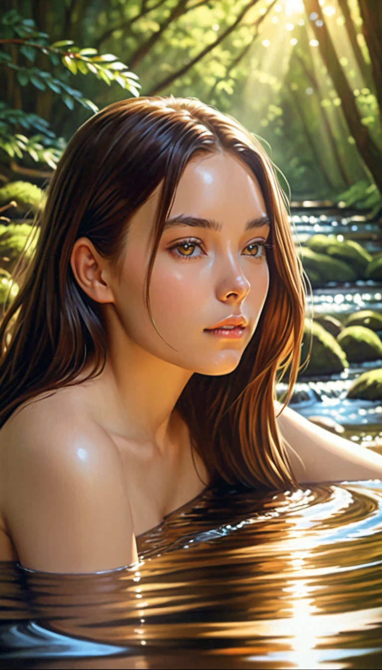 close up portrait of a cute woman (gldot) bathing in a river, reeds, (backlighting), realistic, masterpiece, highest quality, lens flare, shade, bloom, [[chromatic aberration]], by Jeremy Lipking, by Antonio J. Manzanedo, digital painting,