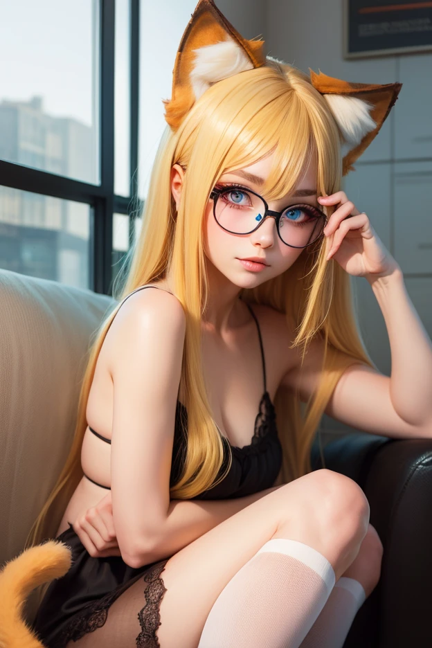 long hair of golden color、hime-cut、Golden Eyes、eye glasses、ssmile、Early teens girl、Smaller chest、Thin pubic hair、open transparent robe、Opening legs、On the roof of a building、a chair