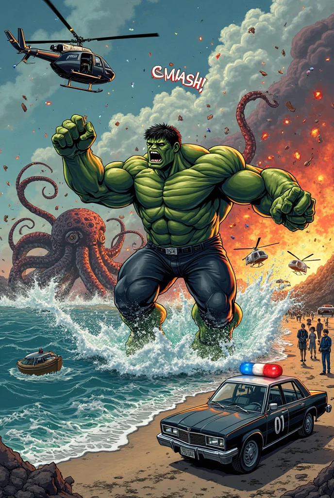 Avengers version of the Hulk. jumping high and attacking Popeye who is preparing below with clenched fists. Popeye has a strong, muscular body. Fighting on a sailboat. The sail expands in the wind. The background of the open sea. There is a storm. Lightning strikes. Waves hit the boat. The black sky mixes. grey.very detailed.VERY VERY REALISTIC.CINEMATIC IMAGE.8K RESOLUTION