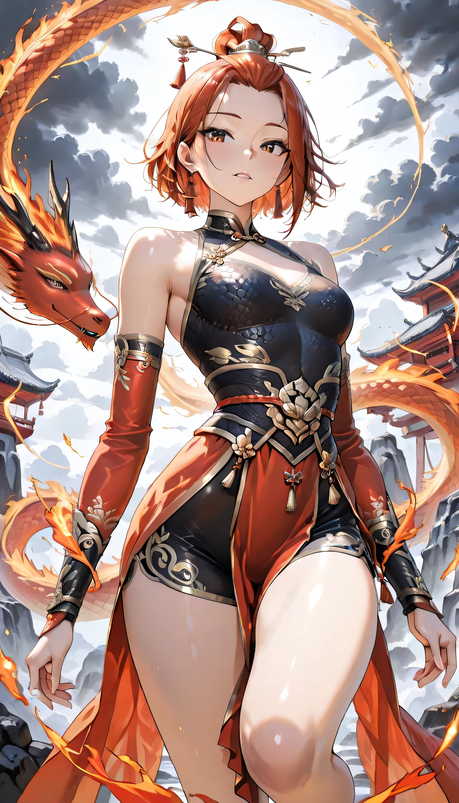 (masterpiece, best quality, ultra detailed, 4K, Chinese mythological fantasy style), A mature, seductive, and powerful female warrior inspired by ancient Chinese mythology, around 16-18 years old. Her presence is both fierce and irresistible, with a sultry expression and an aura of dangerous allure. Her eyes burn with fiery intensity, exuding both power and mystery. She wears luxurious, form-fitting Chinese armor, made of black and gold, with intricate details that highlight her curvaceous silhouette. The armor is ornate, with delicate golden dragon patterns on the shoulders and chest, but designed to be revealing, showing more of her graceful, toned body. The flowing red silk sleeves flutter around her arms, exposing her bare, flawless skin beneath, adding to her seductive charm. medium chest, Her short hair, styled in a traditional elegant topknot with ribbons, cascades down her back in silky waves, framing her face and accentuating her beauty. She grips a blazing spear in one hand, while her other hand controls a magical red cloth (Huntian Ling) that swirls around her like an ethereal flame, wrapping around her figure in a spiral of fiery energy. The cloth dances like a fiery serpent, creating an illusion of a dragon wrapping around her body, adding a sense of sensual yet dangerous movement. She stands confidently on cracked, scorched earth, her posture seductive yet commanding. Her body is poised as though she is about to unleash a devastating strike, one leg slightly bent, hips tilted in a way that accentuates her feminine grace. The background is filled with ancient Chinese elements, like dark clouds, misty mountains, and swirling fire, creating a mythical and dramatic atmosphere. The scene blends both beauty and strength, combining sensuality with the raw power of a legendary warrior.  lavender lace lingerie shorts 