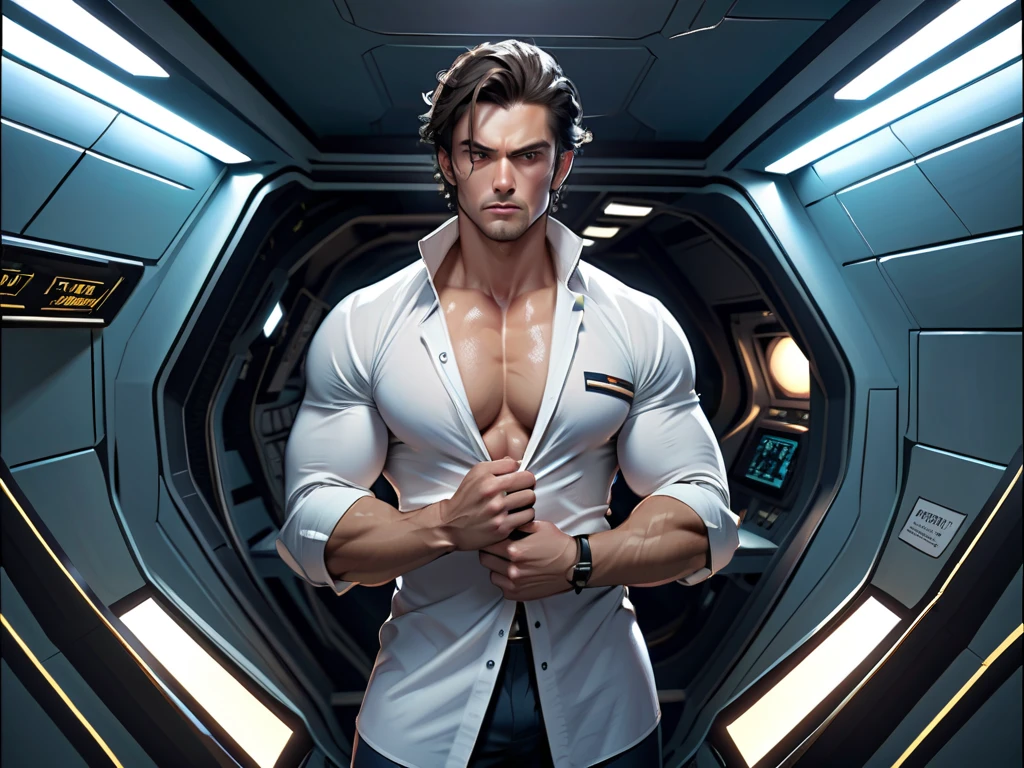 (masterpiece, best quality:1.3),beautiful detailed glow,best illuminate,(((best quality,textile shading,ultra detailed))),extremely detailed CG unity 8k wallpaper,Highly Detailed beautiful and aesthetic,best light,high resolution,detailed,dynamic lighting,super detailed skin,intricate details, hyper detail, sharp detail,detailed, highres, intricate details,(delicate facial features:1.3), (very wide:1.3),(panorama view:1.3),(sense of depth:1.5),(long shot:1.3),(magnificent view:1.3), (milky way:1.3),(universe,spacecraft:1.5),(earth, cable,factory,weightless, floating:1.5)(outer space,Artificial satellite,space station,space colony:1.3),(asteroid,Accretion Disk，planets:1.3), (1 man,solo:1.5),bara male，black hair,short hair, very short hair,(mature male), male focus,mature,(muscular:1.5), male only,bread,facial hair,（nude：1.2），hairy，bara，jacket,boots，open chest， male underwear，robotic exoskeleton,hot，sweat，bukkake，exhibitionism, completely nude，hairy, legs spread，looking at the viewer (beautiful Background,detailed background:1.5), (shirtless:1.8), no clothes, standing, huge crotch bulge, full body, underwear,