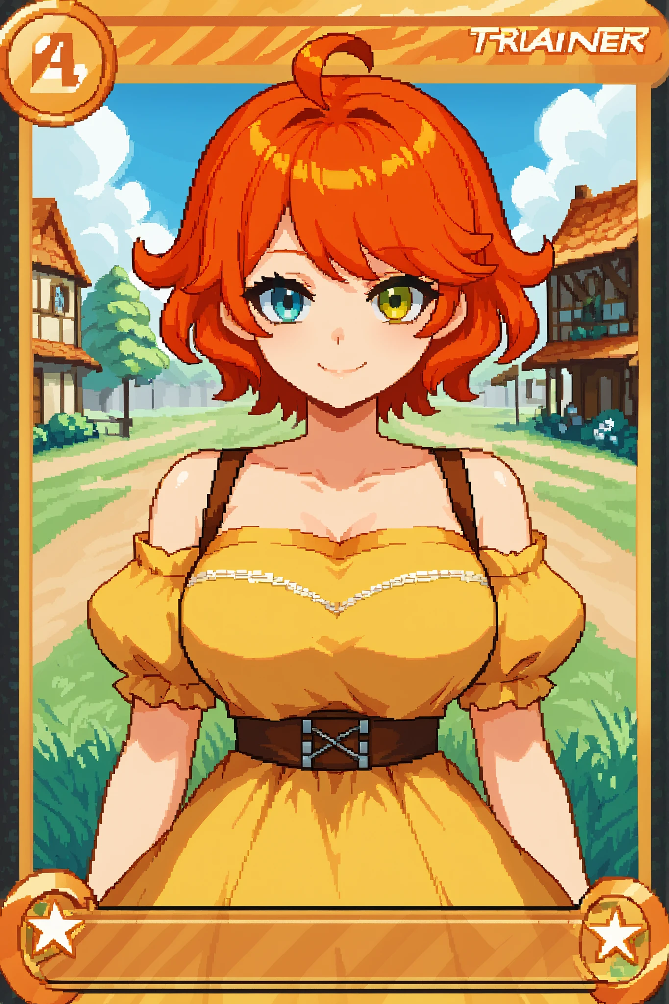 score_9, score_8_up, score_7_up, source_anime, 1girl, solo, pixel art, tr4dingcard, card (medium), english_test, common_rarity_icon, N, trading_card, white_trade_card_frames, solo, redhead BREAK
Short hair, red hair, wavy hair, swept bangs, ahoge, heterochromia, left_green_eye, right_blue_eye, large breasts BREAK
Renaissance clothes, bodice, dirndl, yellow dress BREAK
Standing, looking at viewer, brave smile, closed mouth, upper body, portrait, (village), grass, daytime