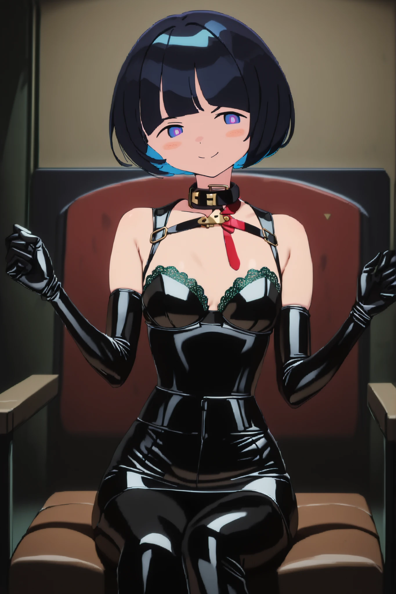 (((short)))、((( body type)))、(((small bust)))、(((sitting cross leged)))、spread legs、is holding a horseback riding whip grip with her right hand:1.3,BDSM、Queen、mistress、(((girl)))、(((solo:1.8)))、(((black latex elbow gloves:1.4)))、(((black latex corset dress:1.4)))、(((corset dress is adorned with beautiful lace)))、(((Corset Dress with Shoulder Straps)))、(((black latex tight miniskirt:1.4)))、(((Black Thigh-High Boots:1.4)))、(((Black rubber tights:1.tiletto heel boots:1.tiletto Heels:1.4)))、(((black latex high leg panties)))、(((Black latex bra)))、(((Black leather collar)))、(((sexy pose:1.4 )))、wide thigh opening:1.2、(((erotic)))、(((Cowboy Shot)))、close-up、(((puts his hands on his lower back)))、Beautiful Eyes with Highlights、Completely Bound、Two anatomically perfect arms、Two anatomically perfect legs、(perfect 4 fingers and 1 thumb)、high resolution, ultra detailed,とても美的,Top Quality 5 Fingers,BREAK,anime colo ring ,indoor,luxury hotel bedroom,SM Exclusive Room,Girl sitting cross-legged in bed,
1 girl,solo,Gukkux4, blue eyes,(((No whites of the eyes:1.3))),black hair,black short hair, Flowing Left Bangs, 7 left right 3 divided bangs,short hair, mushroom cut,eight-shaped eyebrows,
watch viewers play with animals,has a smiling face,blush:1.4