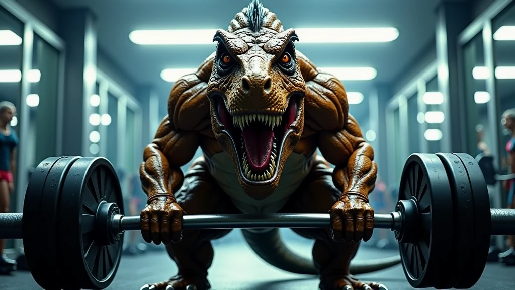 Tyrannosaurus with barbells、Inside the gym、training、 in the background 々なtraining生物