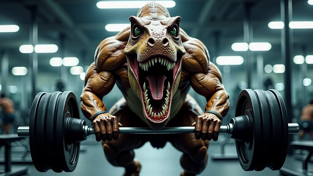 Tyrannosaurus with barbells、Inside the gym、training、 in the background 々なtraining生物