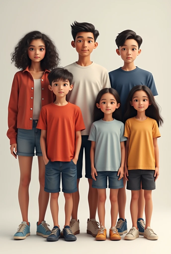 A realistic image of a short young adult man standing in the center, surrounded by his six very tall teenage sisters. Three of the sisters are standing closely on his left side, and the other three are standing on his right. The brother looks significantly shorter in comparison to his towering sisters, who all share similar features but vary slightly in height and appearance. The setting is neutral, perhaps a simple, well-lit room or outdoor area, with the focus on the noticeable height difference and the familial connection between the brother and his tall sisters