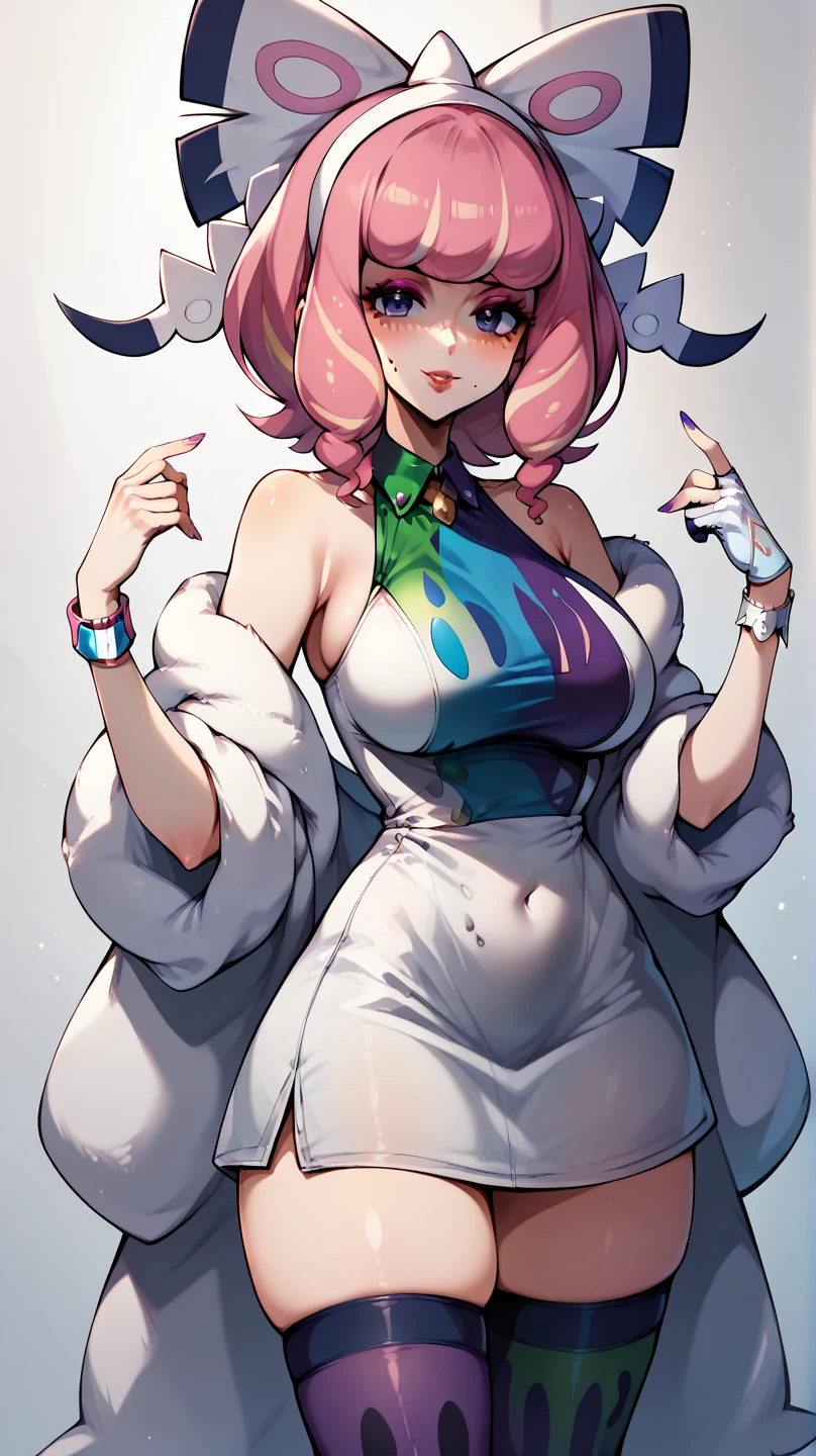 (masterpiece, best quality), 1girl, Dazzi,  purple color skin, white hair, hair bangs, pony tail, hair over eyes, no eyes, oni, single horn, navel, midriff, cropped torso, purple tube top, (cloud, floating on a cloud, cloud bottom, cloud below torso), night sky, night time, <lora:DazziPalworld:0.9>