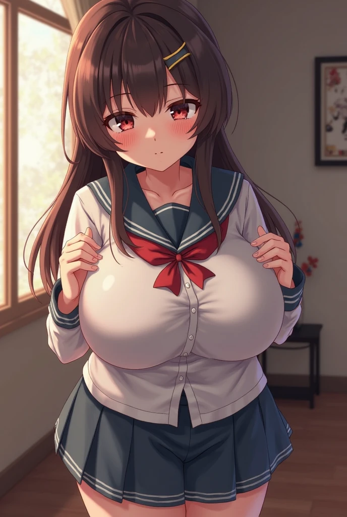 Hentai、Highest quality、A short, chubby, busty high school girl spreads her legs and shows off at a resort hotel、Suzumiya haruhi、Perfect proportions、Overwhelmingly large breasts、Big areola、Beautiful sparkling eyes、Blushed、smile、Cowboy Shot