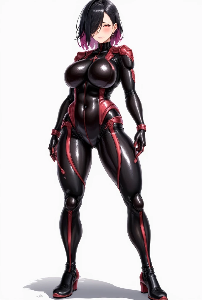 full body, game art style, (masterpiece), best quality, high res, 4k, 8k, detailed Illustration, intricate detail, cinematic lighting, amazing quality, 1girl, fit female, amazing shading, soft lighting, facing camera, Gantz suit armor torn apart, (grey background) (masterpiece, high quality: 1.2) 1girl full body standing good face, nice ass, hairstyle: braid, Hair: PINK long hair, Blindfolded: NO EYES (Cross Belt Blindfold), white sin (porcelain skin, sparkly skin), muscular, thighs, mature mommy woman MILF, abs, navel, looks at the viewer smiling, extremely huge breasts, maternal, chest cover with clothes (Hell knight Ingrid (anime style) Demon Knight Ingrid (OVA))