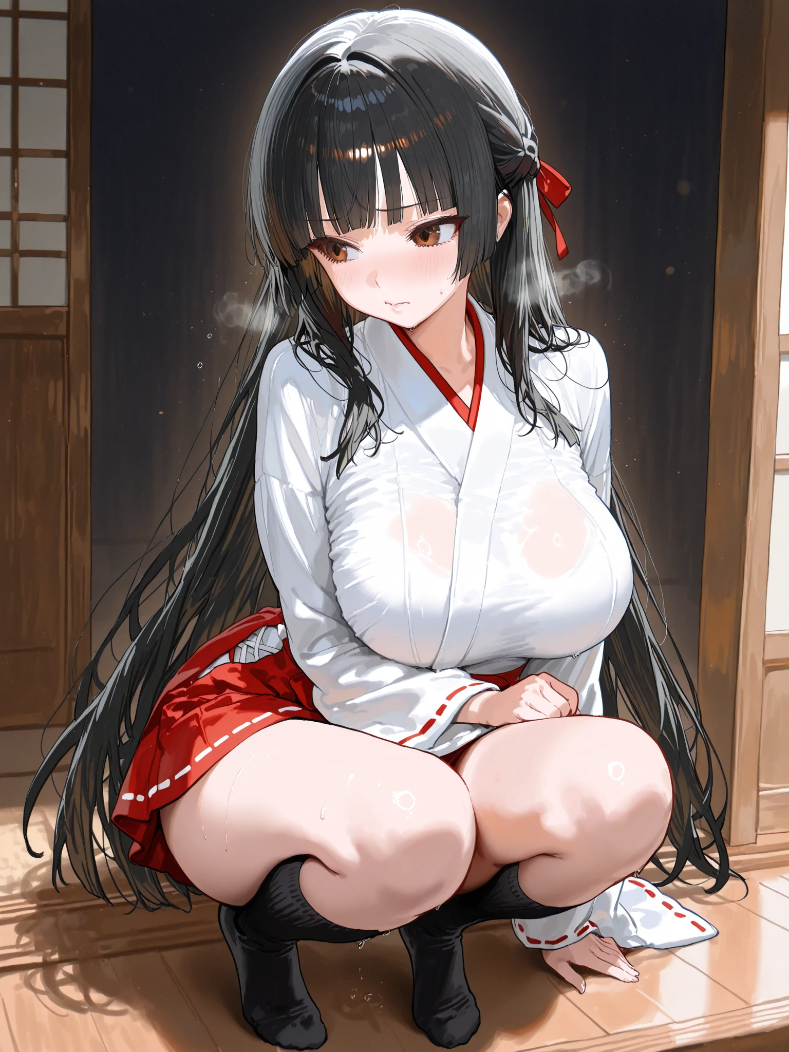 Highest quality, Soft Light, Ultra-high resolution,People Girls, alone, sexy, (Ecstatic face), (Black eyes), Beautiful face in every detail,(High resolution detail of human skin texture), (Black straight long hair), break,Pink Japanese Kimono,Loincloth,(Fellatio gestures:1.3), (Open your mouth:1.2),tongue,(Sweat:1.5),Sigh,Crossing your legs,Saliva dripping from the mouth,Spread your legs,My leg is being grabbed,(After Sex:1.7)