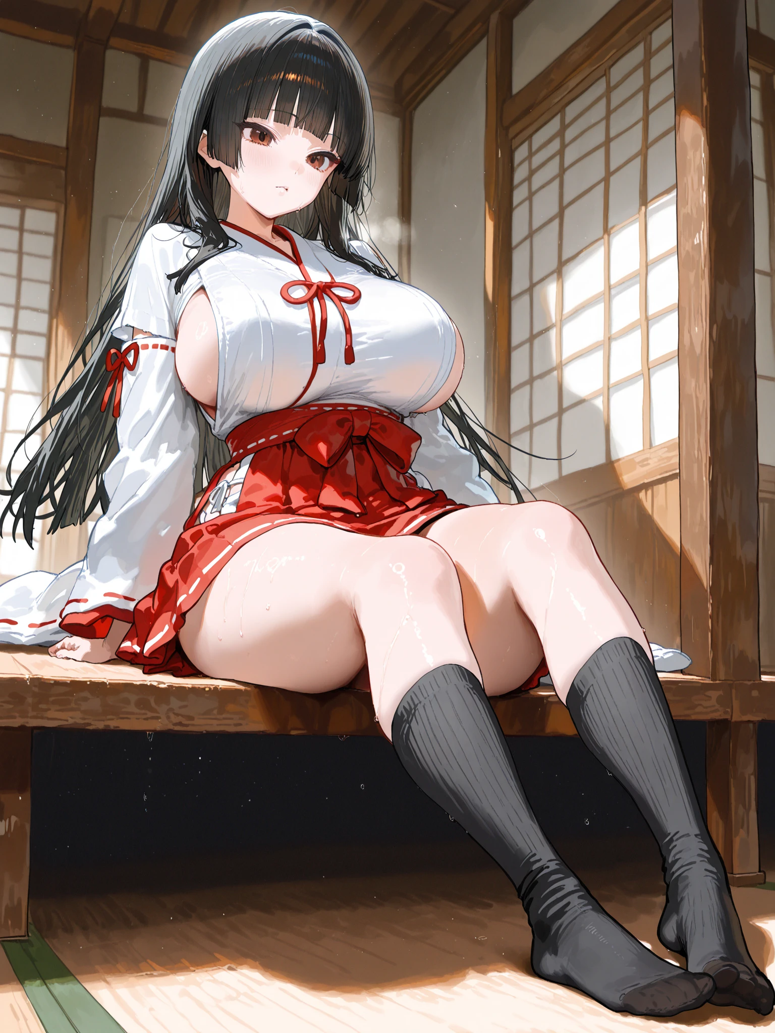high resolution、4K、Masterpiece、1 big breasted girlicro Mini Skirt、No panties、blush、Black knee-high socks、Absolute area、Masturbation、Love juice、Squirting、Full body portrait、tough、Spread your legs、Exposing the breasts、Bare your breasts、Nipples、Pantyhose pull、garden、gardenのベンチに座る