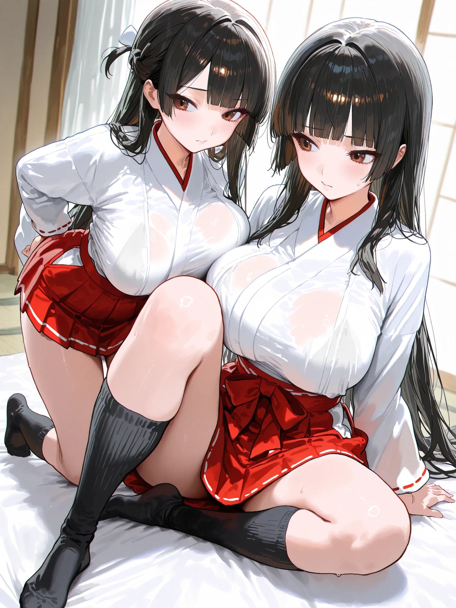 (((two girls))),((Perfect body,))((Super beautiful,))((High quality,)), (sweaty,) (wet all over,) blush,saliva, steam,((A shrine maiden in red and white Japanese clothes, long black hair, Yellow eyes, hair ornaments, on a futon, in a Japanese room at night,blunt bangs)),collar,pov, Looking at Viewer,gigantic breast,lie on japanese futon, exposing thighs, thigh-high socks, tabi,pussy,Smile,japanese ogre horn,Pleated skirts are so short that their crotch is exposed, and she lifts the skirt with her fingers to show off her crotch,((Two beautiful girls lying on a futon and seducing me)),nipple,open mouth,Spreading the vagina hole with fingers,spread pussy,(((Semen is dripping from pussy,)))