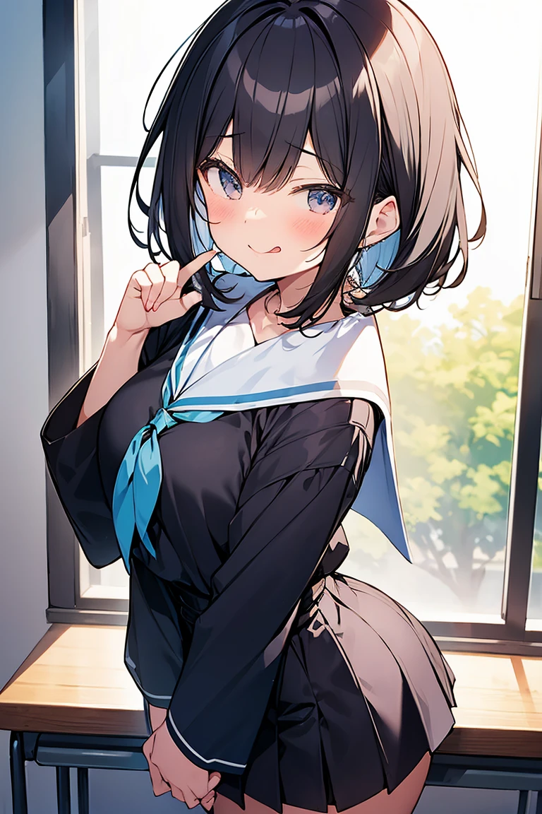 (best quality), (Super detailed), (Best Illustration), (masterpiece), insane detail, score_9, score_8_up, score_7_up, 4k, (woman), solo, (serafuku), (large breasts:1.2), {brown hair, (sideburns), (bob cut:1.3), curly hair, hairs between eyes, colored inner hair}, {(detailed eyes), blue eyes}, (enjoy:1.3), blush, earring, wind, classroom
