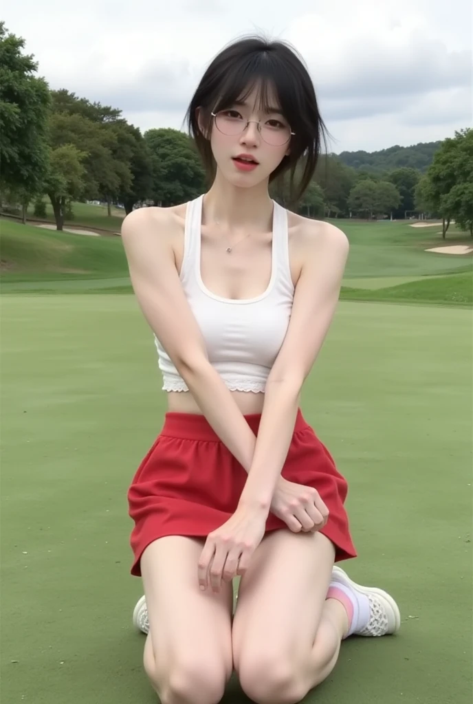 pretty girl、Cute Junior High School Student、NSFW、Super detailed、High resolution、transcendental beauty highest quality、masterpiece、knee socks、Majimix Real、(RAW photo:1.2)、(Photoreal:1.4)、Beauty in the beautiful details、and delicate expression、On the green of the golf course、blonde、(boyish:1.5)、blonde、brown hair、brown hairショートウルフヘアの髪、brown hairマッシュヘアの髪、((you can see me))(squat)、golf club、torn golf clothes、Sun visor、Golf Gloves、necklace、fancy piercings、eyelash、sparkling eyes、glossy lips、beautiful and detailed eyes、very detailed expression、Highly detailed face movie lighting、positive、((dynamic pose)))、(open stance))、(The wind blows up my golf skirt.:1.6), fancy 、torn golf shirt、Golf Shoes, (Open the crotch and expose the pubic area:1.5), (Accurately represents the shape of the female genitals:1.5), (Detailed depiction of the labia minora, vaginal opening, Detailed depiction of the clitoris:1.5), (spread your legs wide:1.6), (small breasts、I can see the nipples:1.5)、(No panties:1.8)、angle from below
