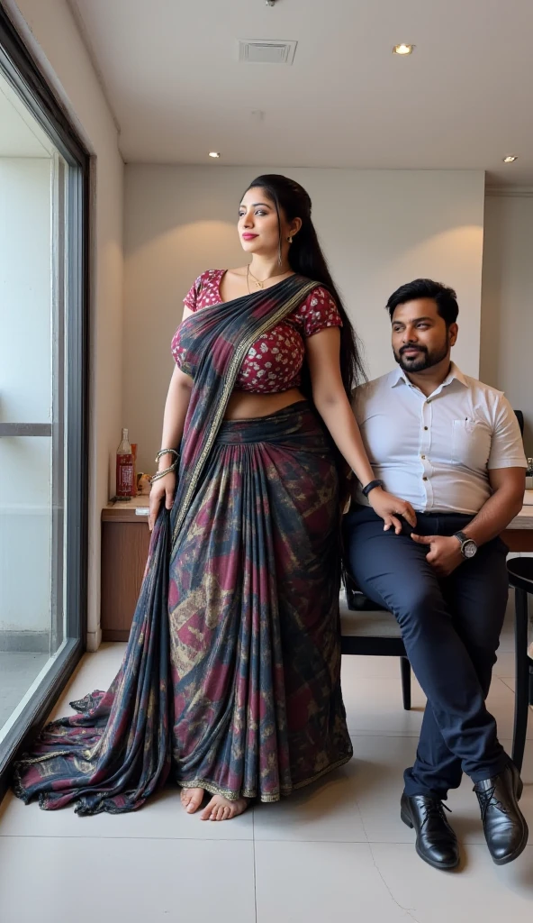 A radiant, full-figured South Indian 25 year old girl wearing a black saree tenderly hugging and kissing a jubilant 35-year-old man while laying on bed, captured in a full-body image with vibrant hues and meticulous details. Full body image