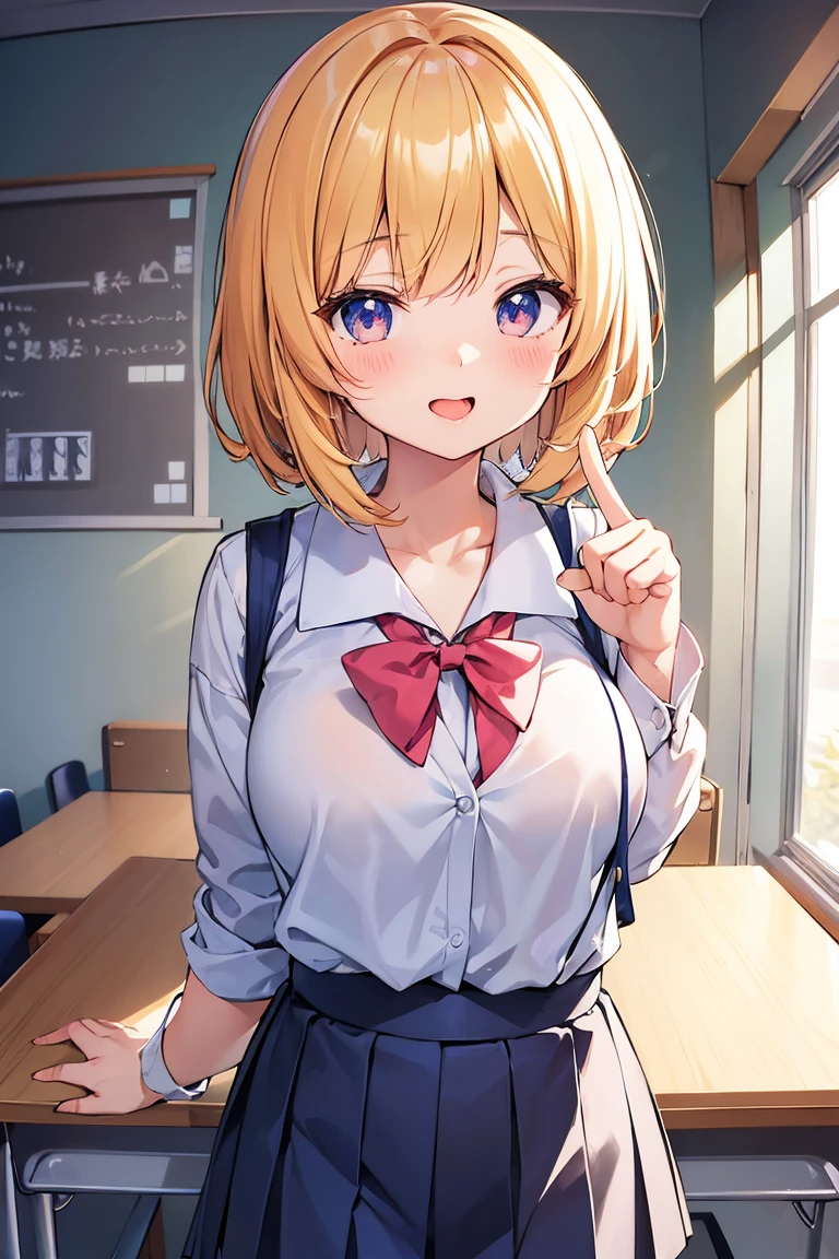 masterpiece, absurdres, best quality, ultra detailed, high Resolution, detailed illustration, bright colour, (extremely beautiful detailed face and eyes, Delicate beautiful face, 1 girl, cute face:1.3), (magenta eyes:1.1), sparkling eyes, big eyes, medium breasts, (perky breasts:1.1), (pointy breasts:1.1), medium hips, glamorous body, white skin, BREAK, long bob cut, (blonde hair:0.8), messy hair, detailed hair, shiny hair, BREAK (Sailor suit and machine gun, brassiere:1.3), perfect lighting, (embarrassed:1.3), (ecstasy, vulgarity:1.5), (trembling:0.8), classroom, Titty fuck, 