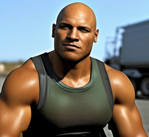 1boy, African American, solo, facial hair,34 yrs old, dom, male focus, flaccid penis, bald head, pectorals, bara, muscular, mature male, muscular male, abs, beard, nipples, short hair, navel, stomach, large pectorals, thick eyebrows, bare pectorals, dark-skinned male, erection, thighs, erection under clothes, fancy suit, dark skin, tie, open shirt, jacket, grey business suit, pectoral cleavage, cowboy shot, feet out of frame, thick thighs, looking at viewer, masterpiece, 4k, high quality, highres, absurdres,