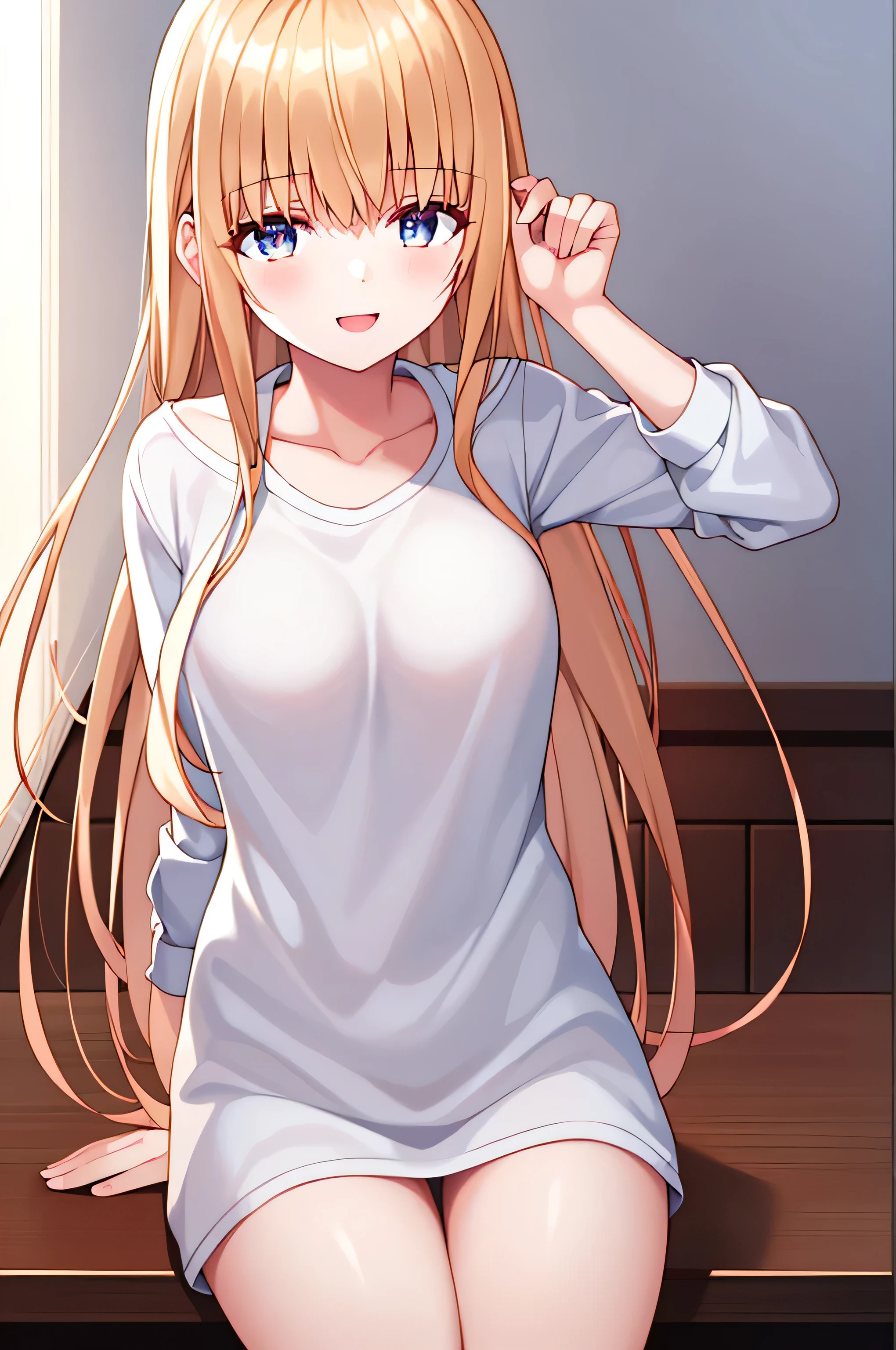 Create a dark and atmospheric night scene featuring a milf wear white pajamas with vibrant blonde long hair and captivating blue eyes. She standing before bedroom door ((milf body and 31 years old face))