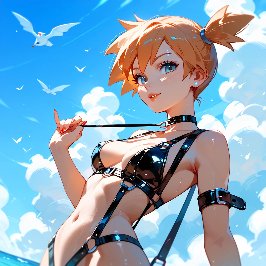 1girl,, ahoge, , okita_souji \(swimsuit\) \(fate\), large breasts , blonde hair, yellow eyes, pony tail
bare shoulders , cleavage,
clothing cut out, detached collar, navel cutout, thigh strap, hands behind head,
seaside_background,squat,(open_legs:1.3),dynamic_posing,armpits,smile,