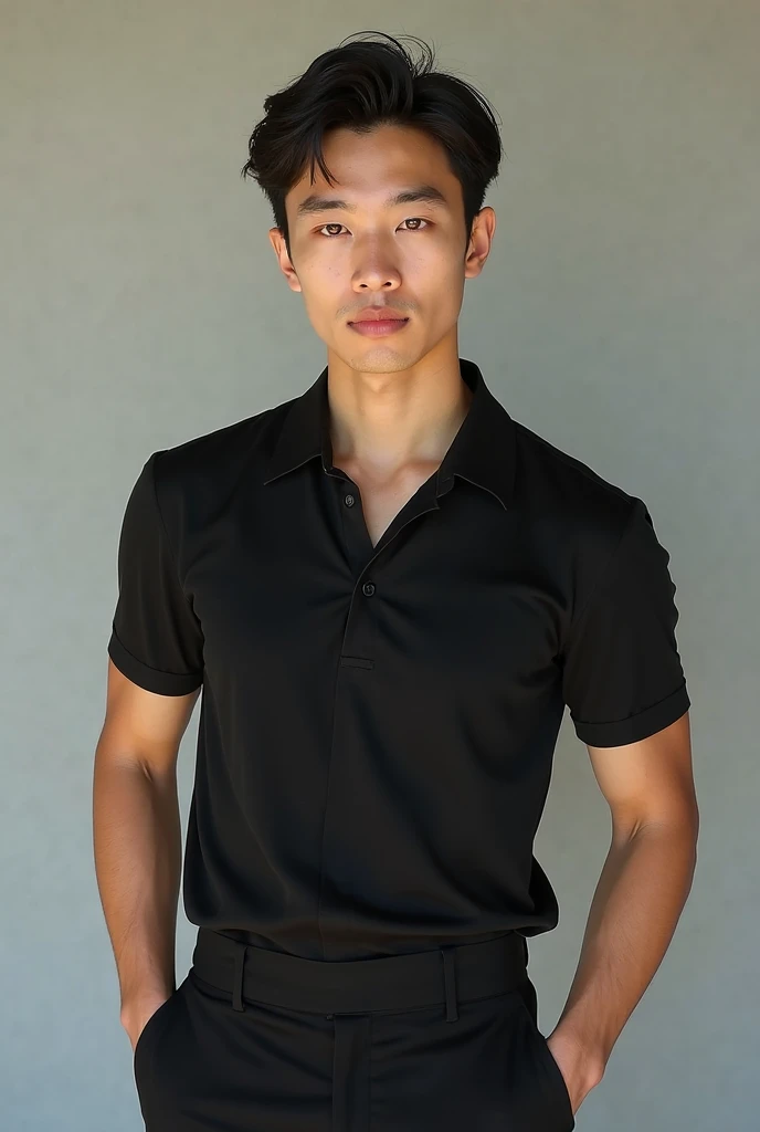solo , 1man , thai man , grey shirt with collar , black Long pants , happy