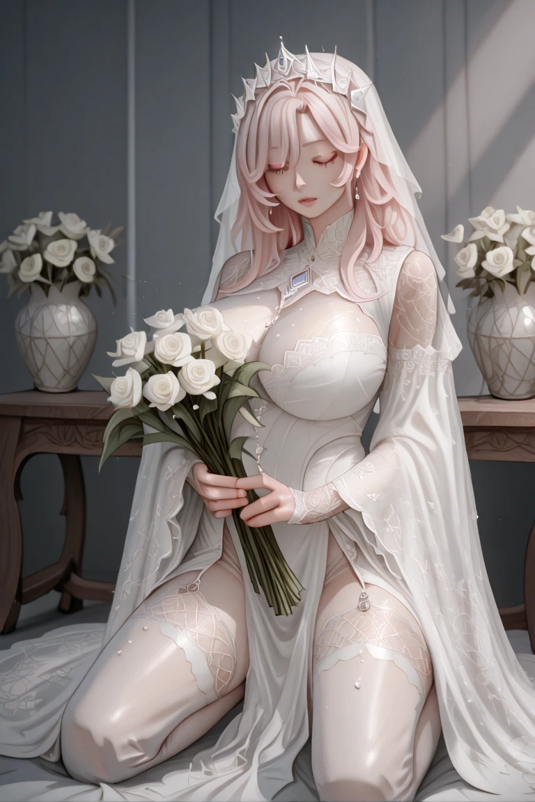 A woman in a wedding dress sits on a bed,Holding a bouquet of flowers, lalisa manobal, album covers, Official artwork, very magical and dreamy, ethereal fairytale, EtherealBeauty, Korean insta goddess, Ethereal fantasy, Heavenly Goddess, Blackpink’s Larissa Manoban, sakimicchan, Nam Jae-yeon, Urzans, Ethereal and dreamy, fantasy beautiful,Extra large breasts,Perfect body slim curves,