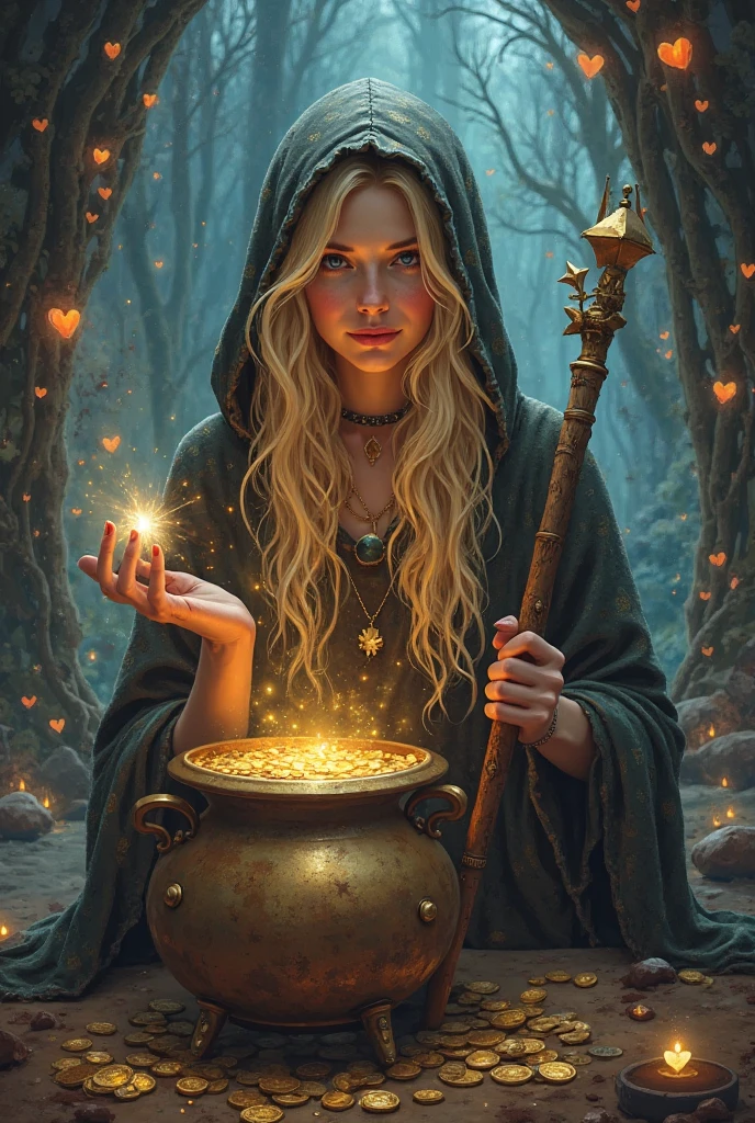 A beautiful witch with blonde hair wearing a hooded tunic dress with a staff with a white stone on top of the staff in her left hand and a golden cauldron full of coins she is in a magical room full of stars and hearts and 7 colored stones above her head 